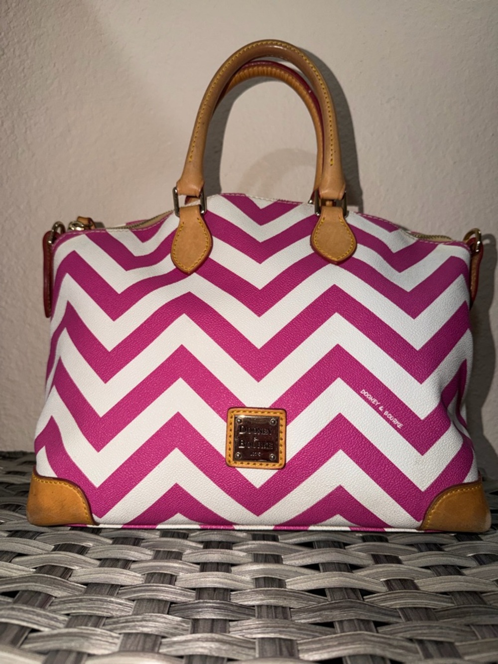 Dooney & Bourke Pink & White Geena Chevron Top Handle Satchel - Tan Leather Trim